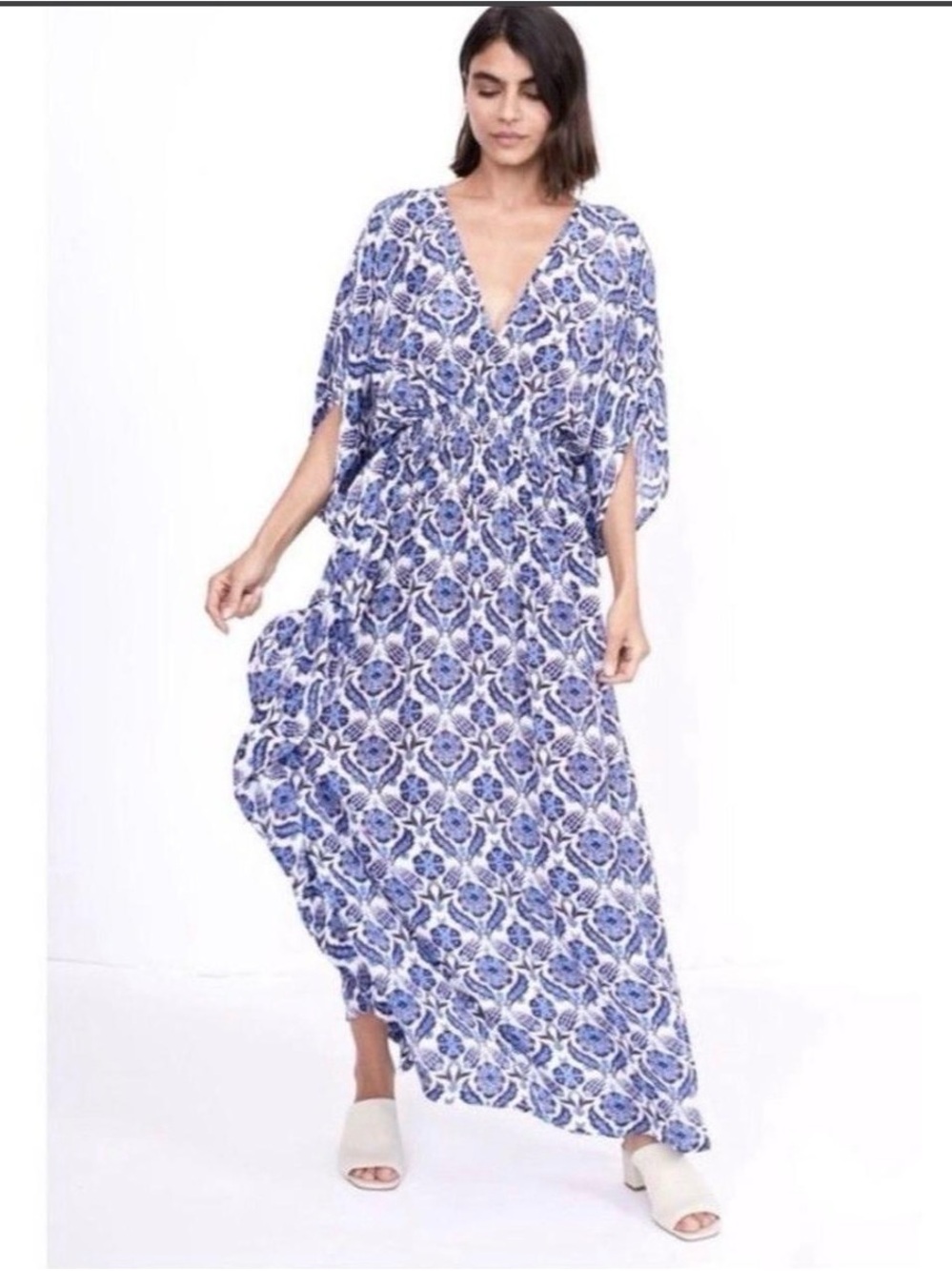 Blue Printed V-Neck Maxi Swim Cover-Up Caftan